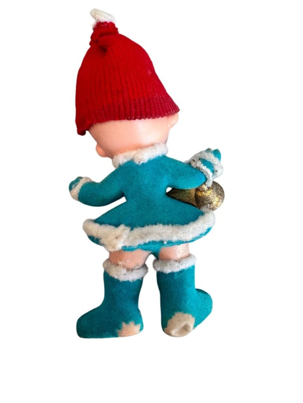 Vintage Flocked Pixie Elf Ornament With Bells Red Knit Hat 5" - Picture 6 of 7